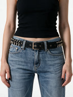 Skinny black leather belt with hollow bullet studs