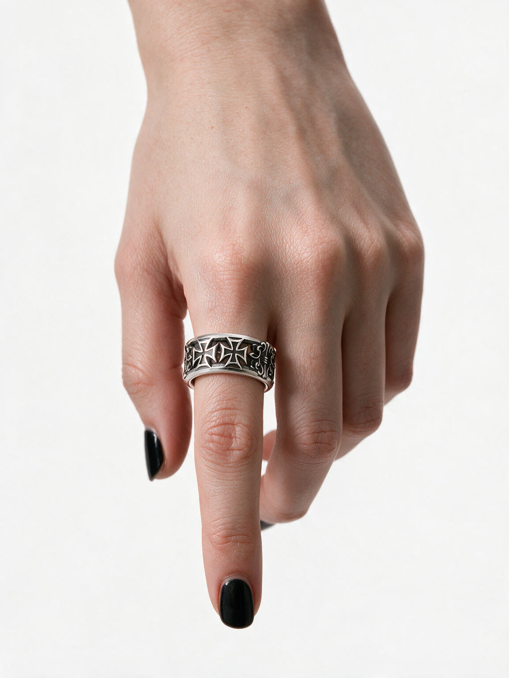 Wide silver band ring with iron crosses and filigree