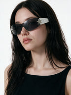 Wraparound shield sunglasses with silver arrow temples