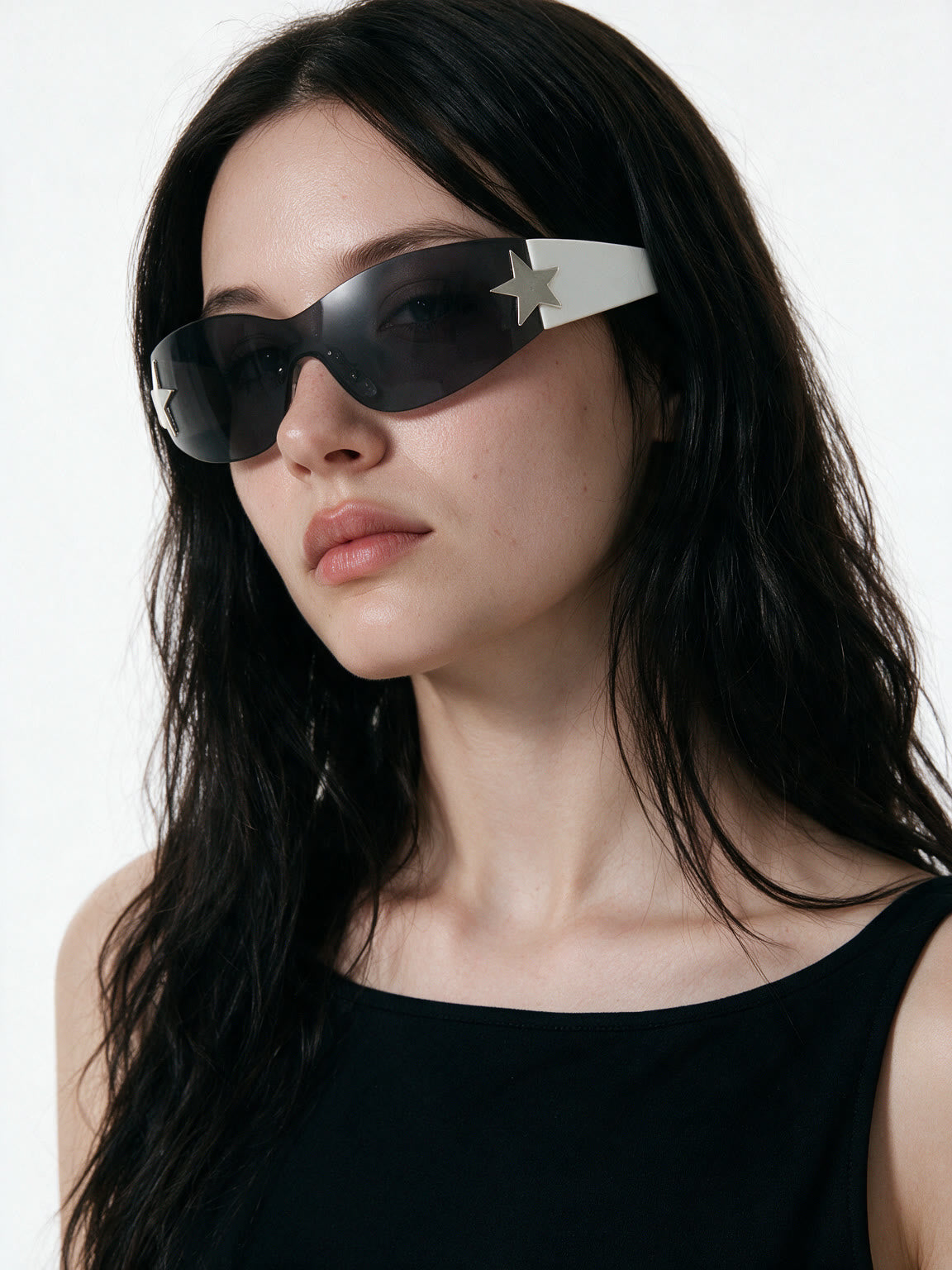 Wraparound shield sunglasses with silver arrow temples