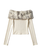 Cream off shoulder knit top with a faux fur collar