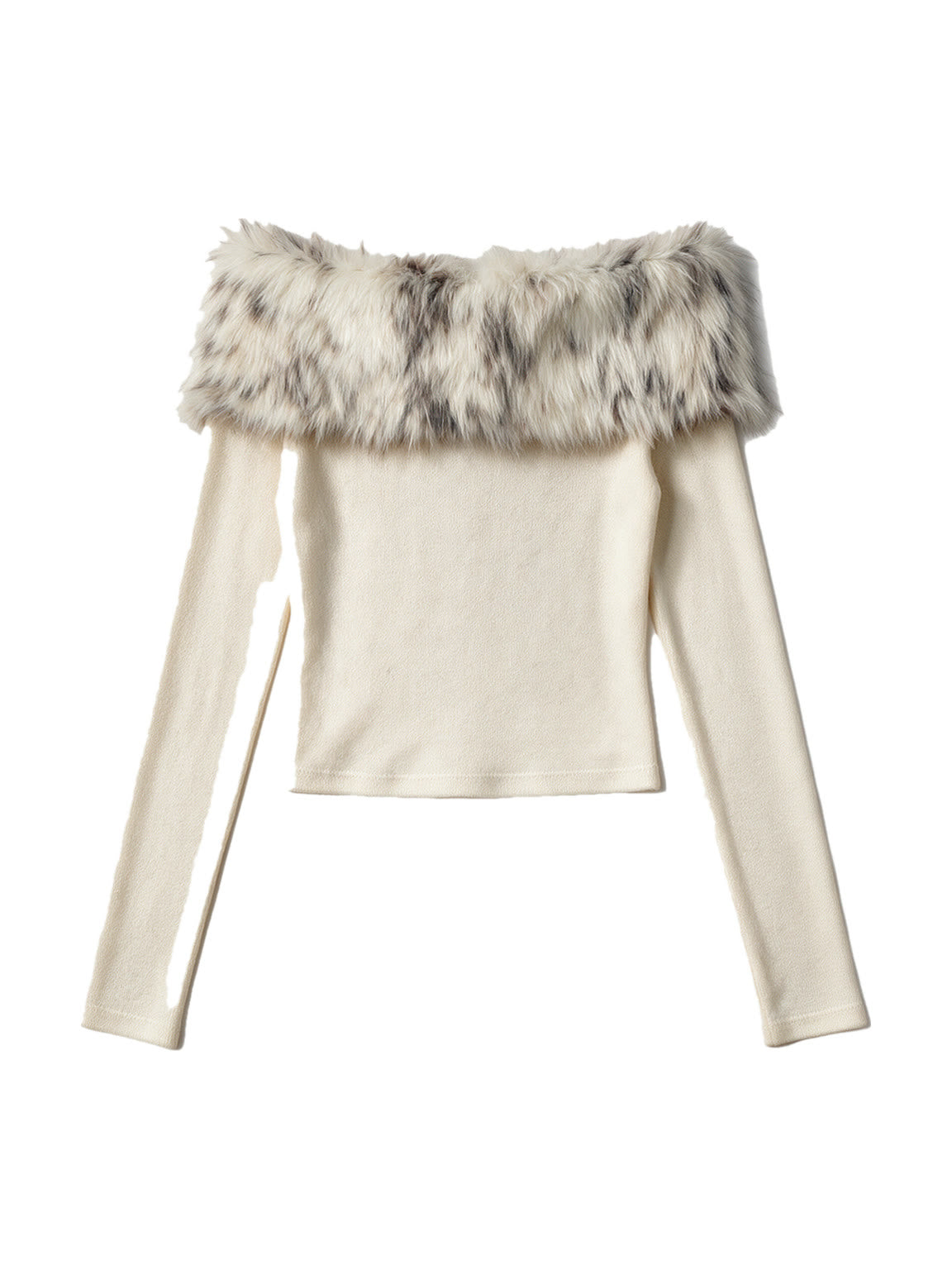 Cream off shoulder knit top with a faux fur collar