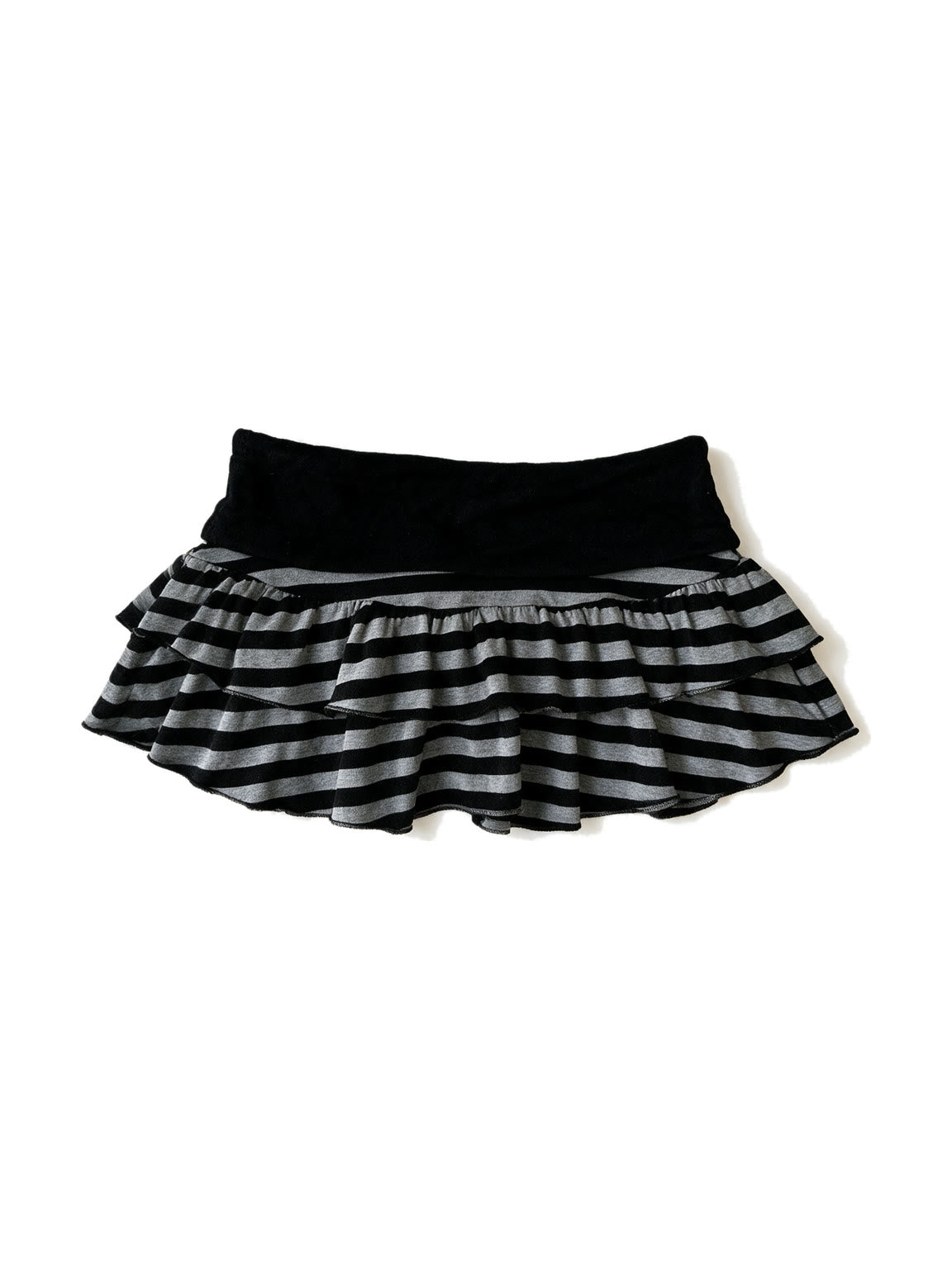 Grey striped tiered mini skirt with a black velvet waistband