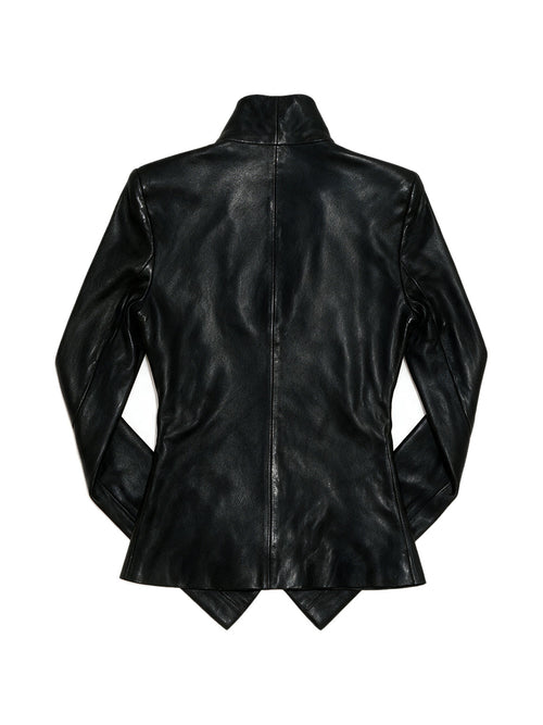 Black leather jacket with a diagonal asymmetric zip