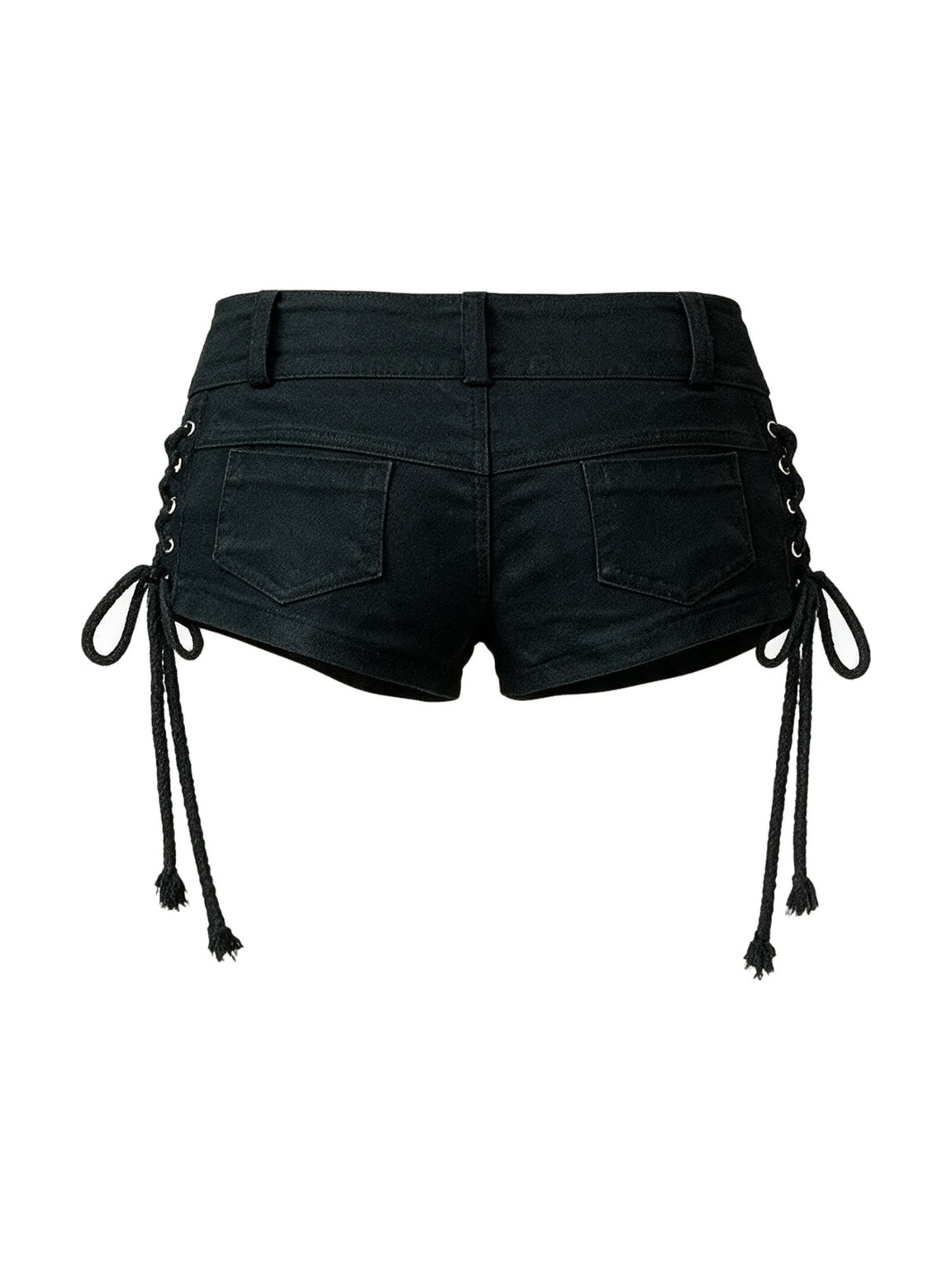 Black denim shorts with side lacing and skull studs
