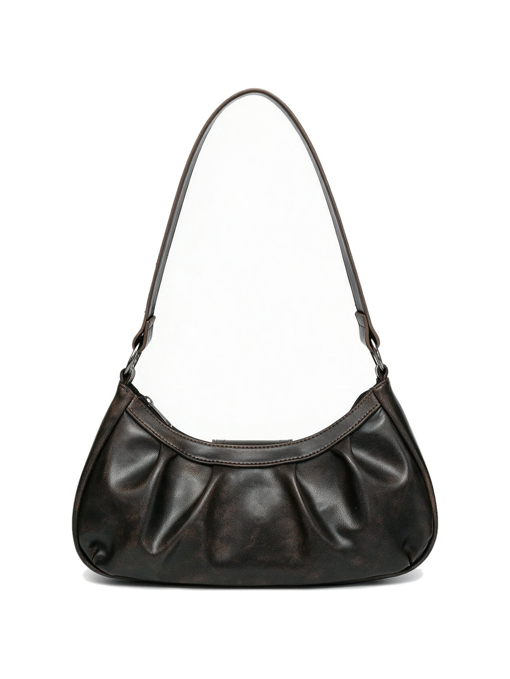 Pleated black leather baguette bag with a centre buckle