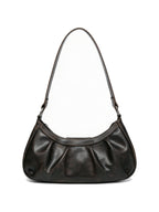 Pleated black leather baguette bag with a centre buckle