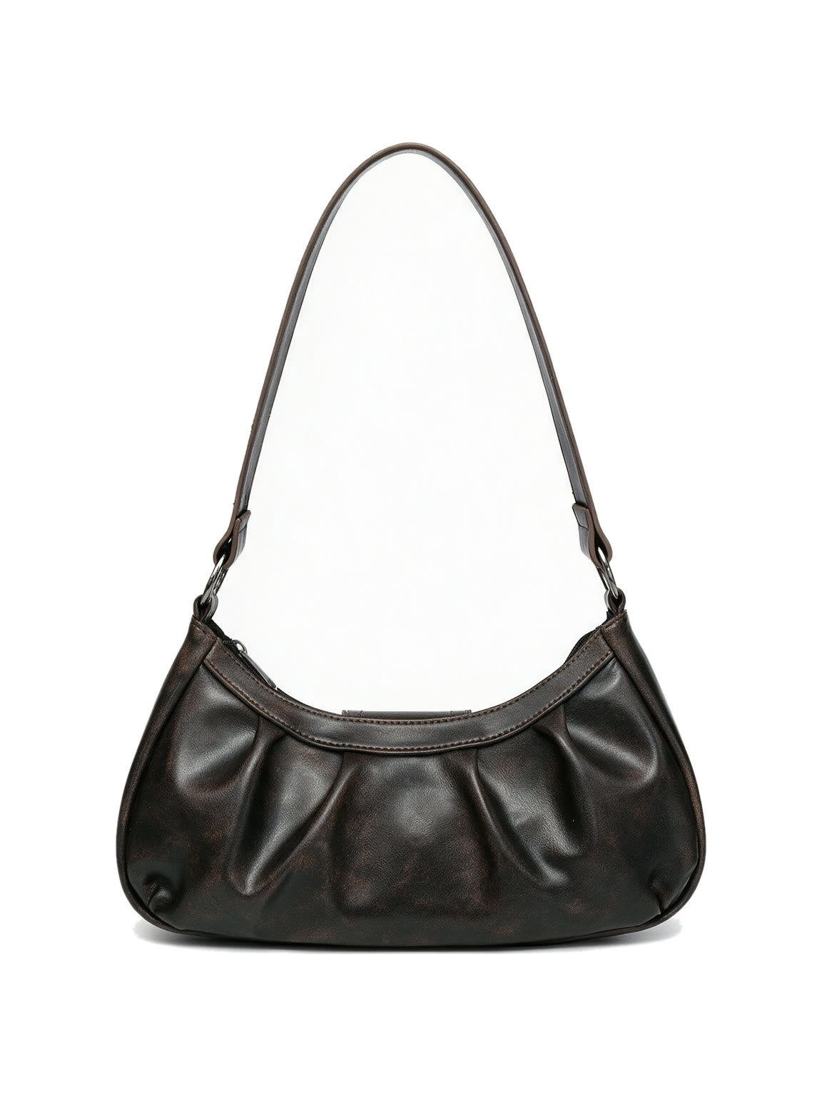 Pleated black leather baguette bag with a centre buckle