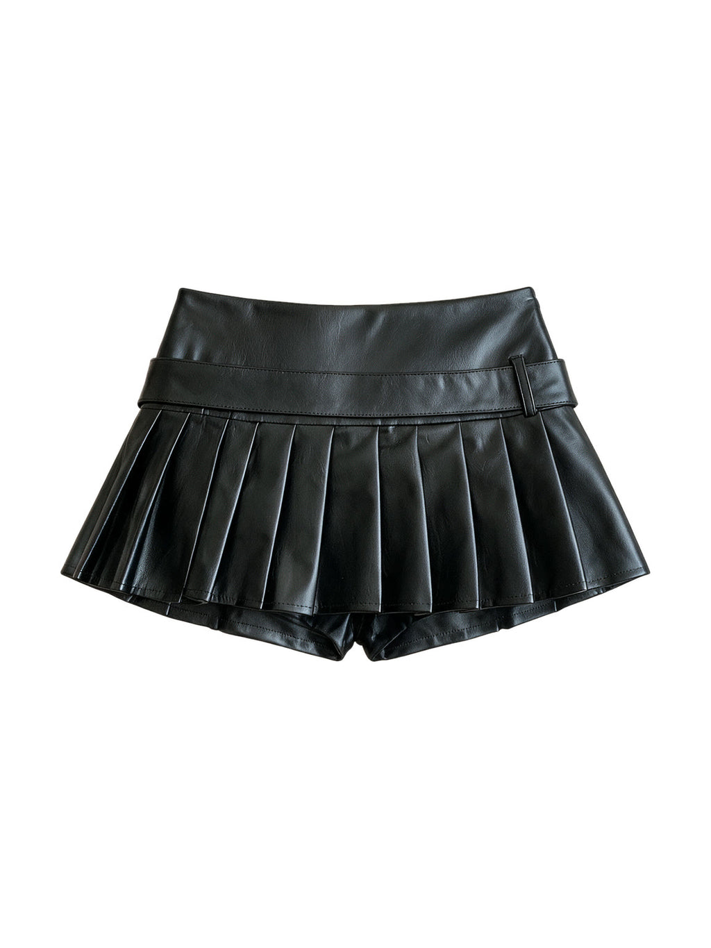Black pleated faux leather mini skirt with a studded belt