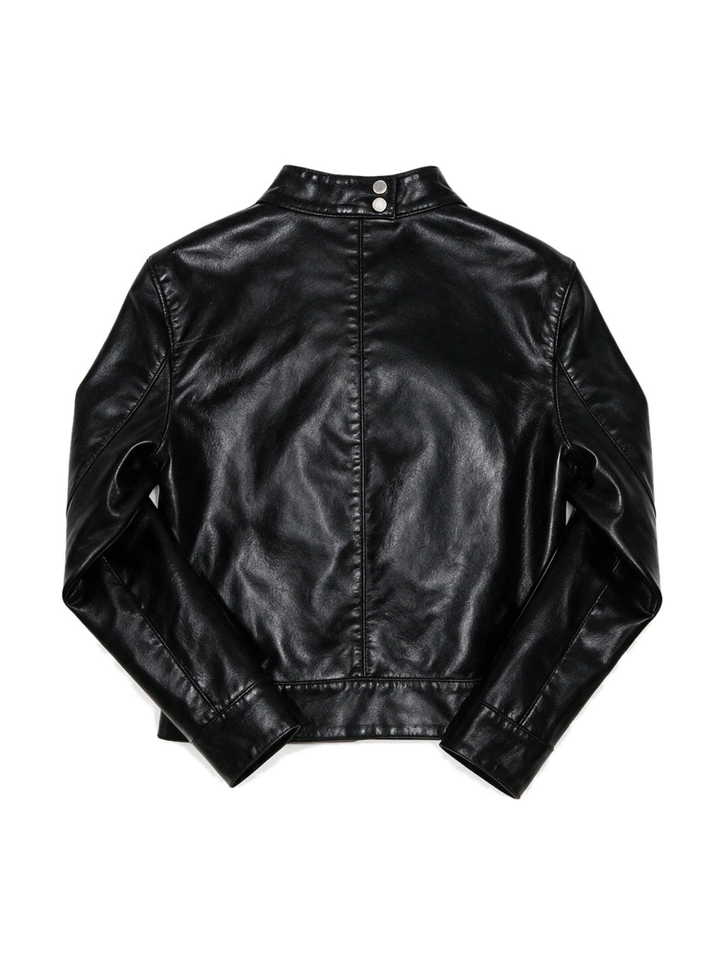 Black leather jacket with a shirt collar and chest zips
