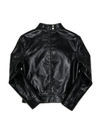Black leather jacket with a shirt collar and chest zips