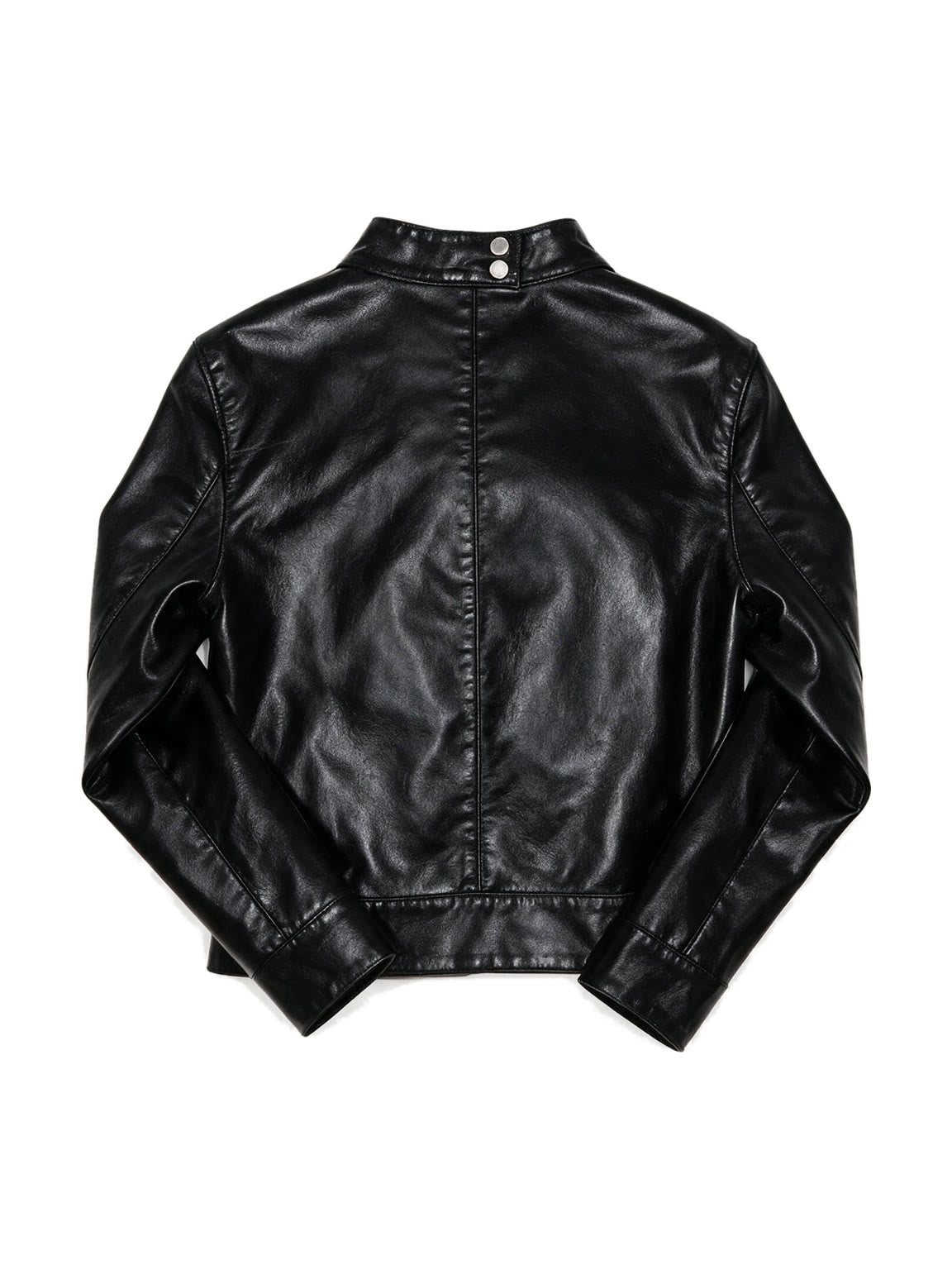 Black leather jacket with a shirt collar and chest zips