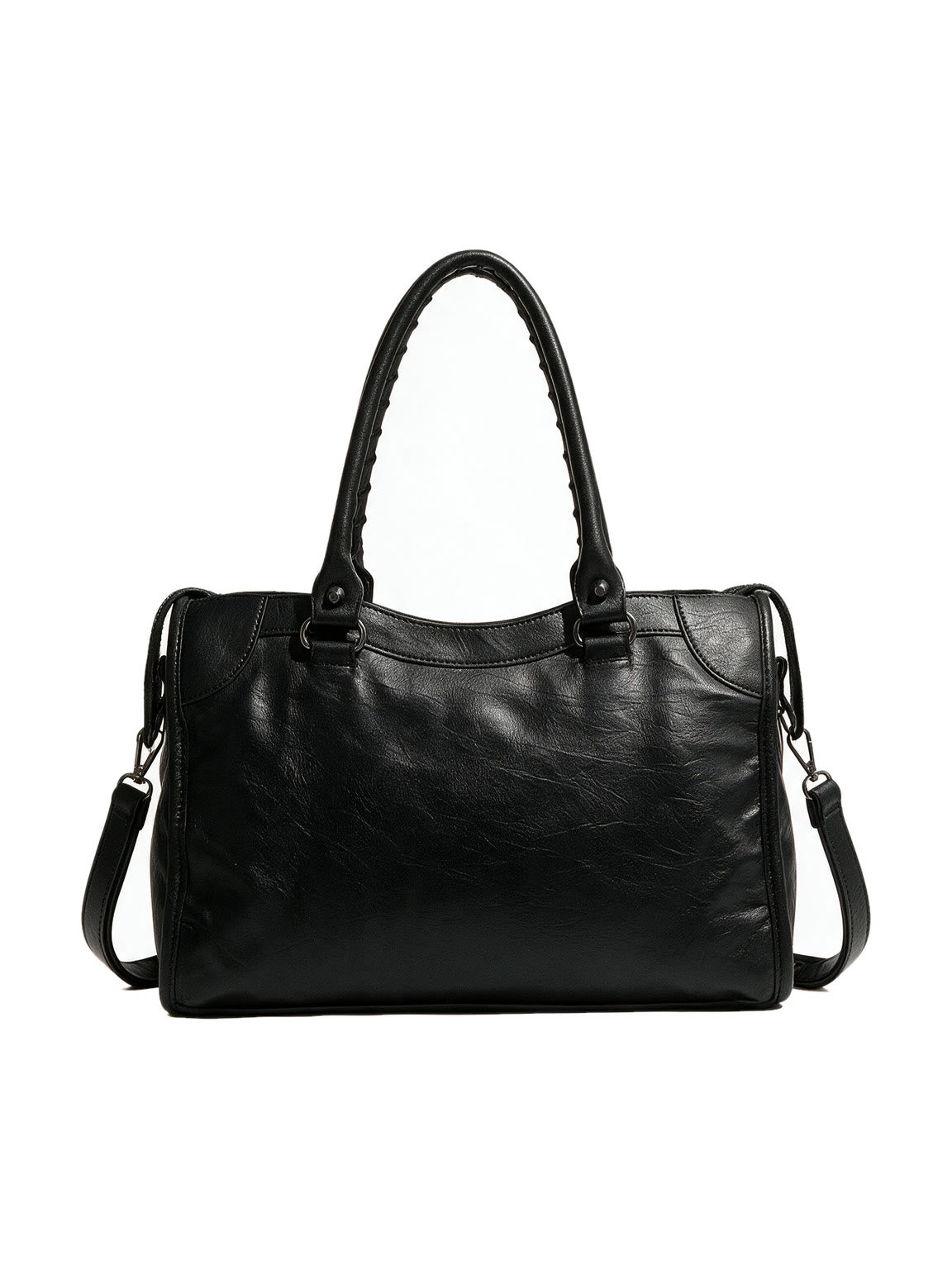 Washed black moto city bag with braided leather handles