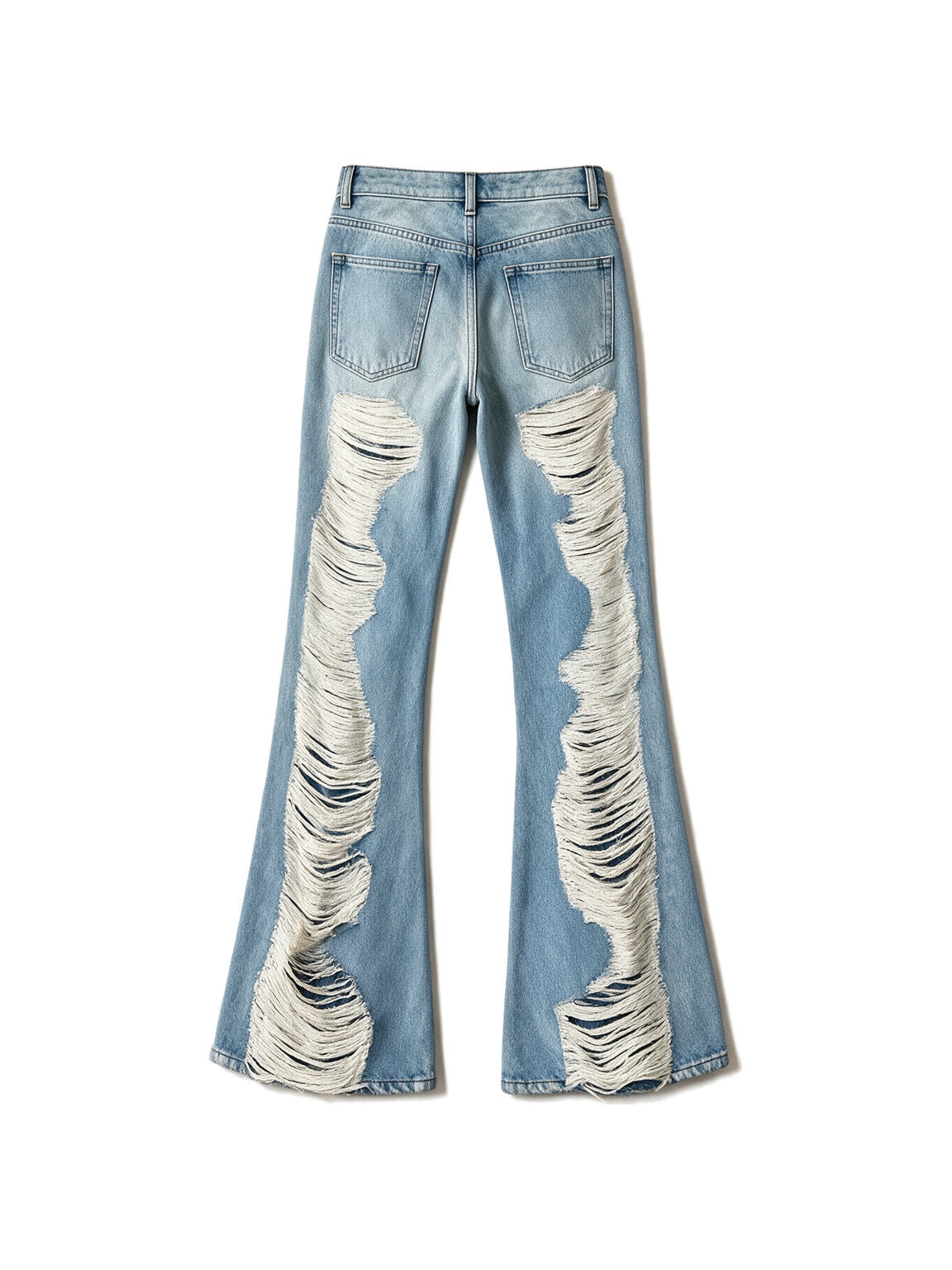 Light wash destroyed flare jeans with shredded legs