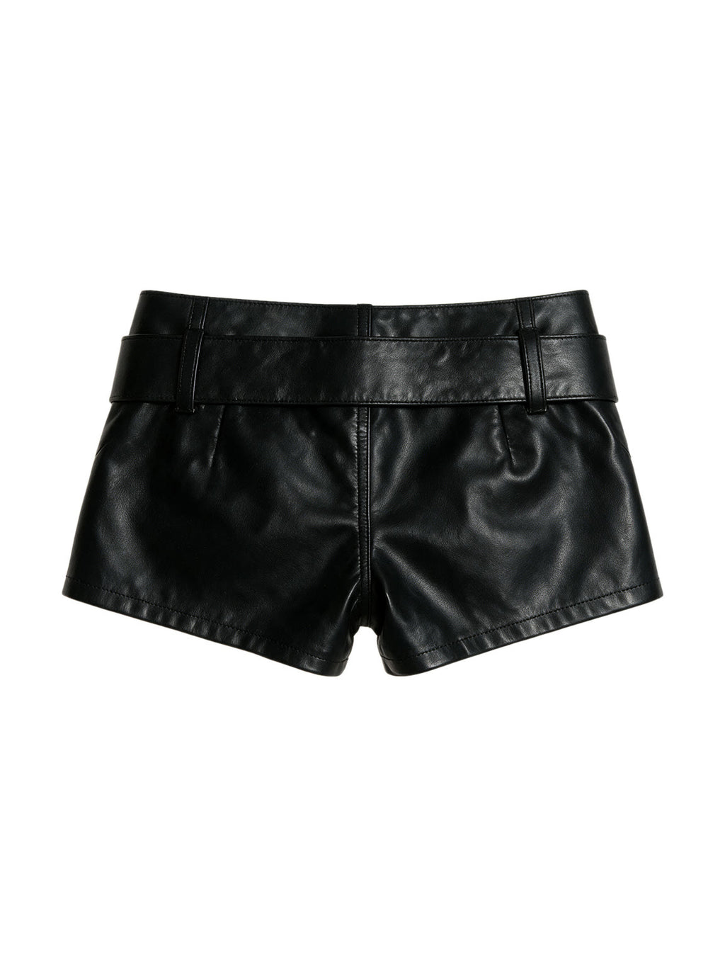 Black faux leather low rise shorts with a buckle belt