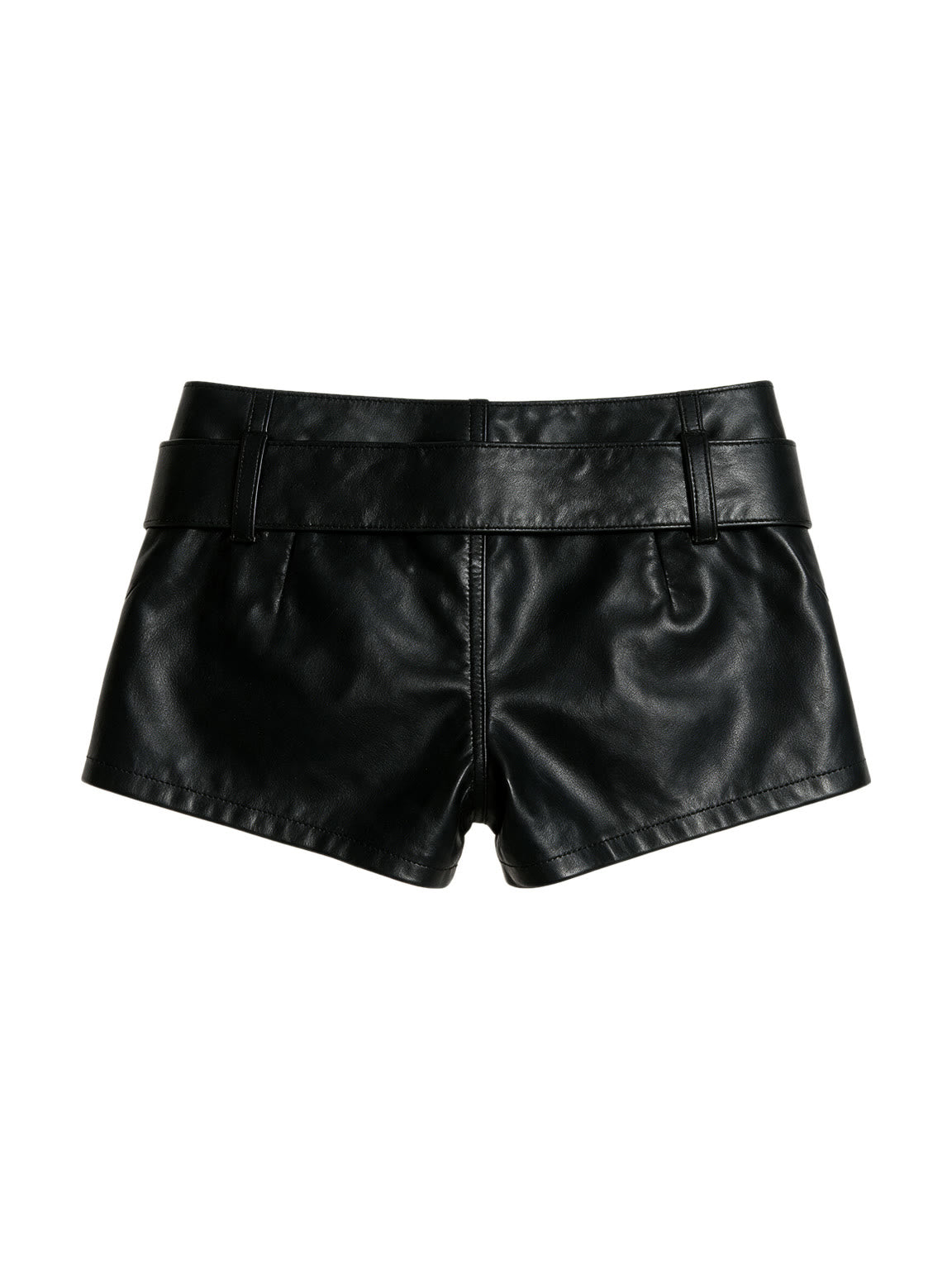 Black faux leather low rise shorts with a buckle belt