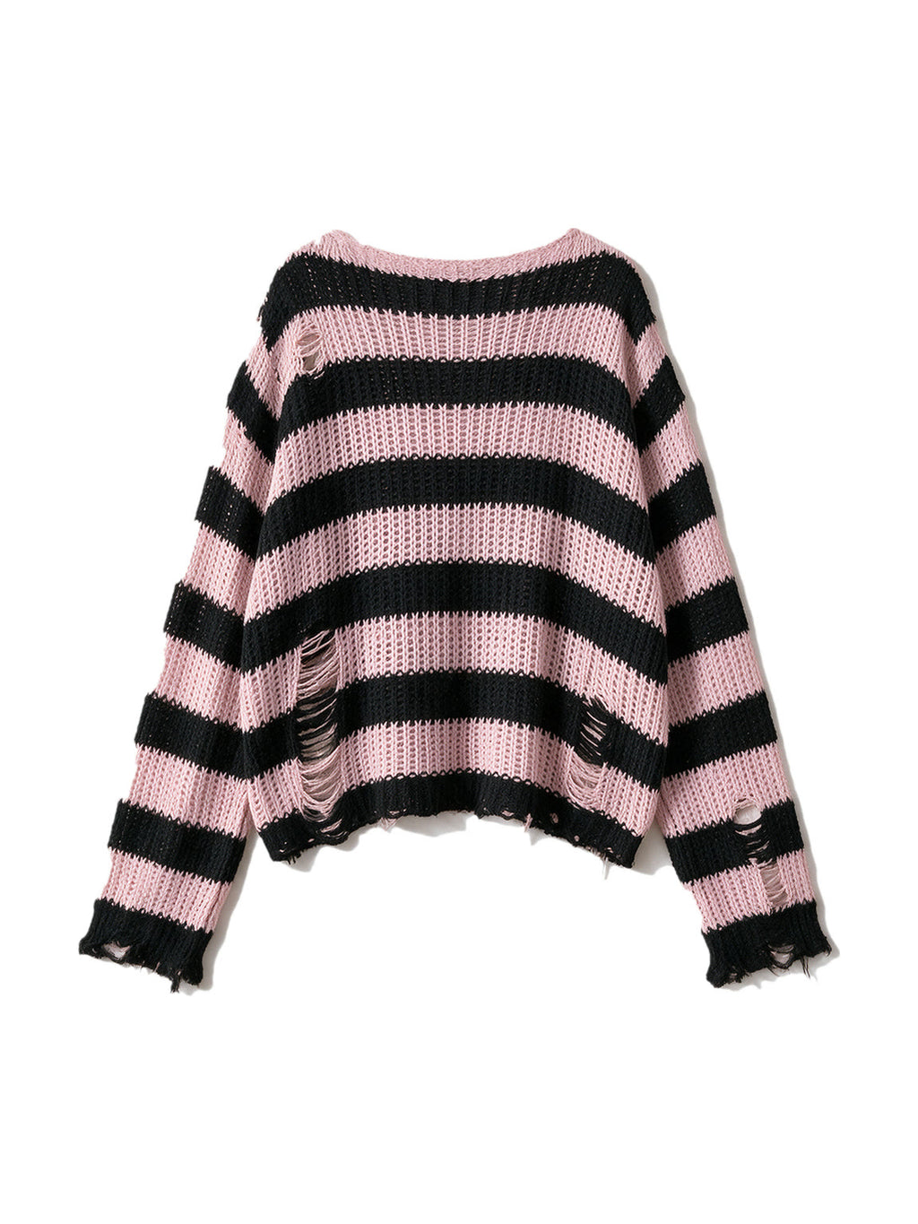 Oversized pink and black striped distressed knit sweater