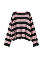 Oversized pink and black striped distressed knit sweater