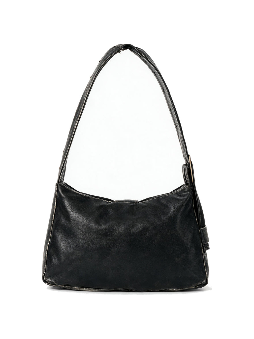 Black leather shoulder bag with multiple buckled straps and a padlock charm