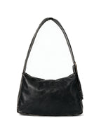 Black leather shoulder bag with multiple buckled straps and a padlock charm