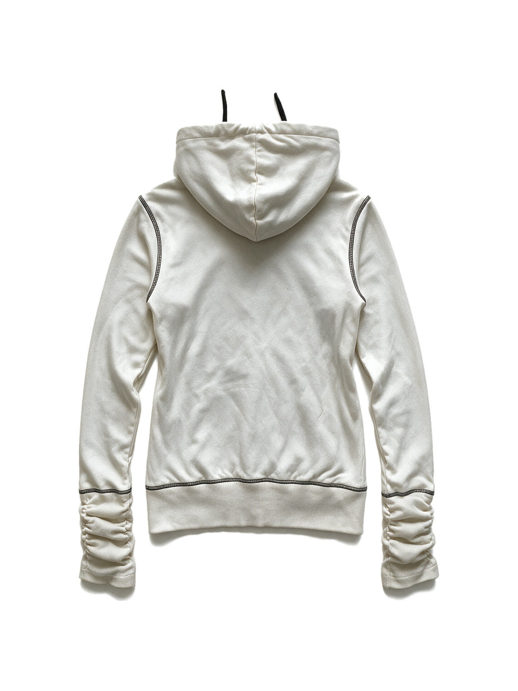 White zip hoodie with a cross print and ruched sleeves