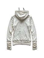 White zip hoodie with a cross print and ruched sleeves