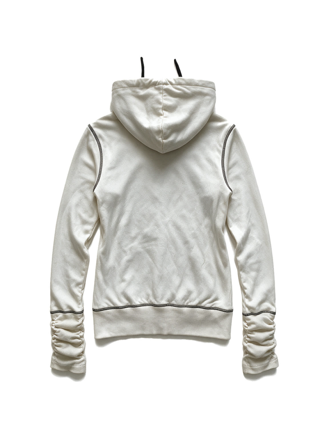 White zip hoodie with a cross print and ruched sleeves