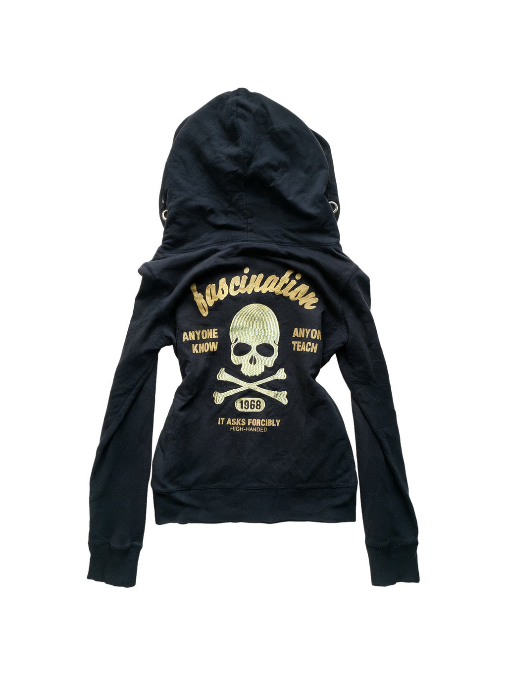 Slim black zip hoodie with an embroidered skull crest