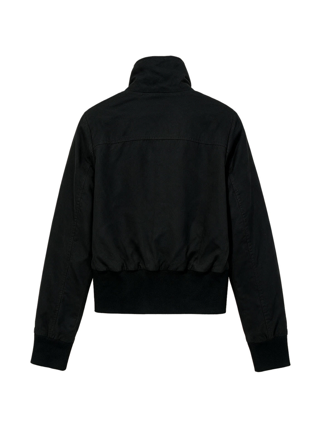 Cropped black bomber jacket with a studded buckled collar