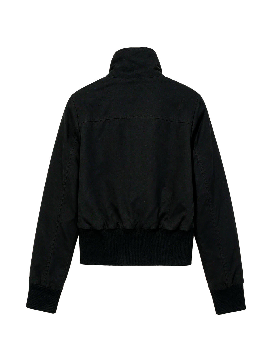 Cropped black bomber jacket with a studded buckled collar