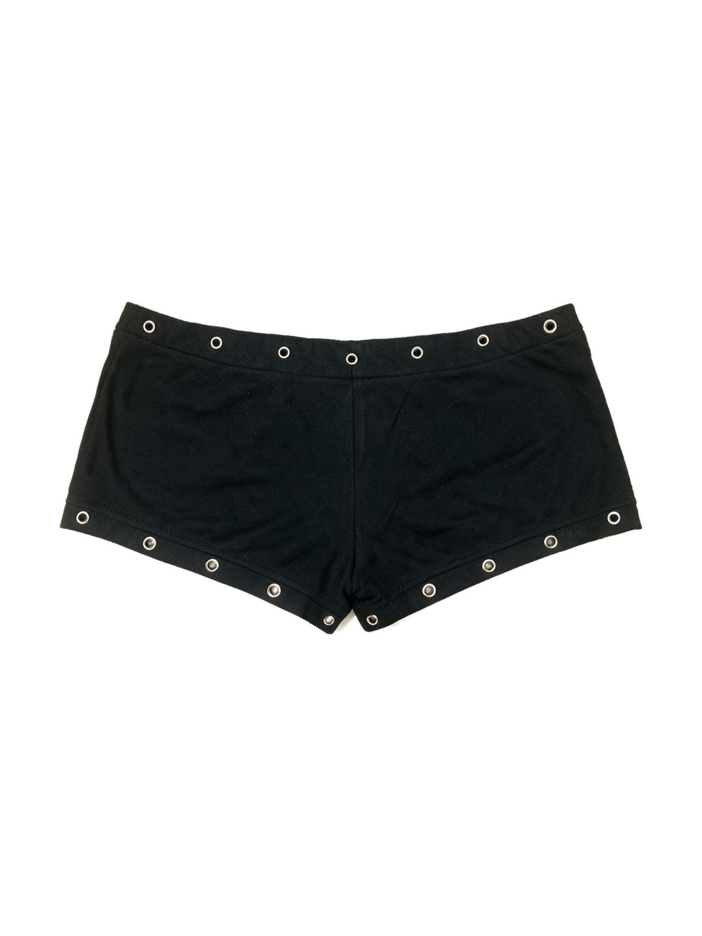 Black micro shorts with grommets and a gold cross