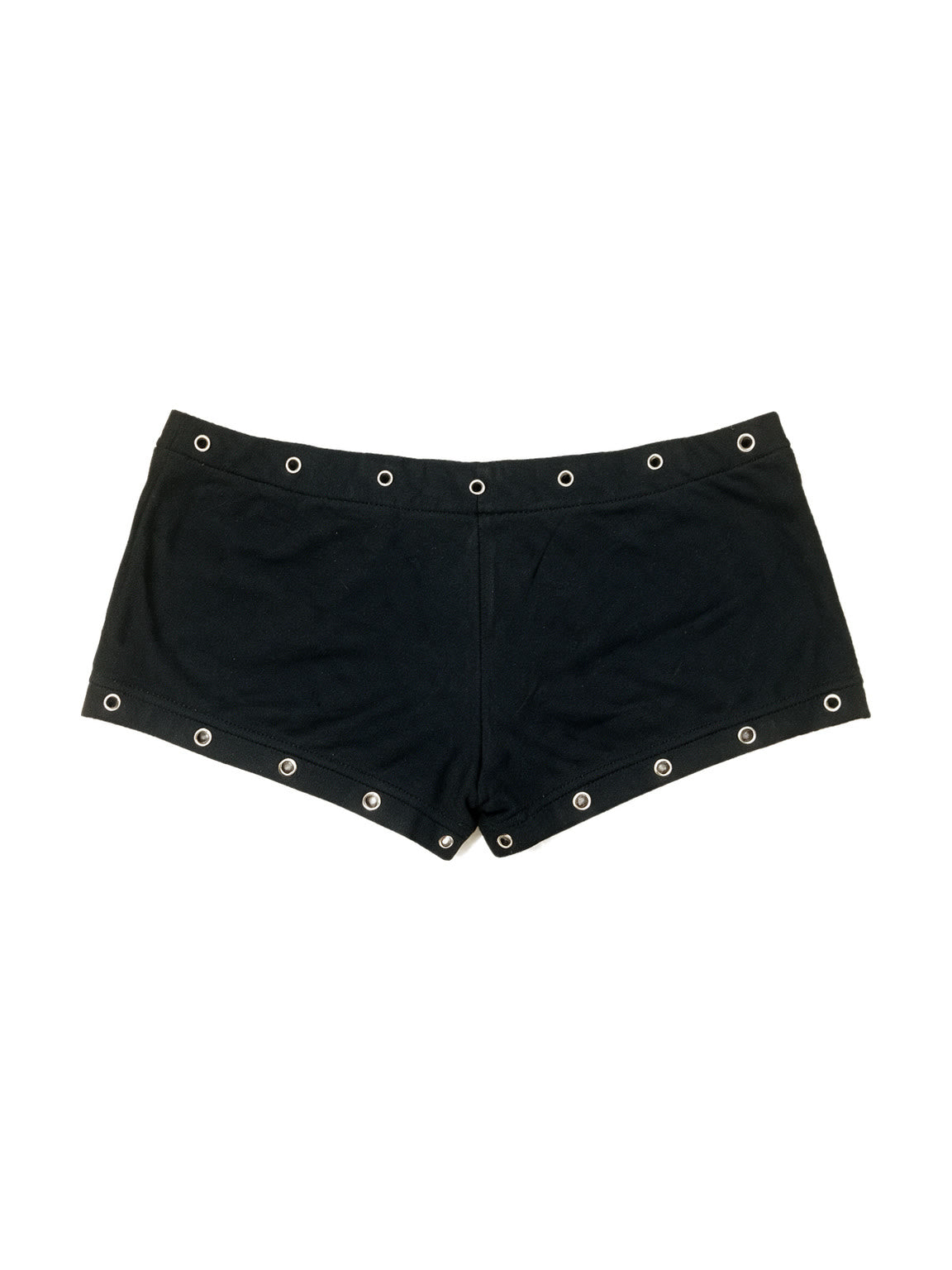 Black micro shorts with grommets and a gold cross