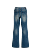 Blue wide leg jeans with a crystal set waistband
