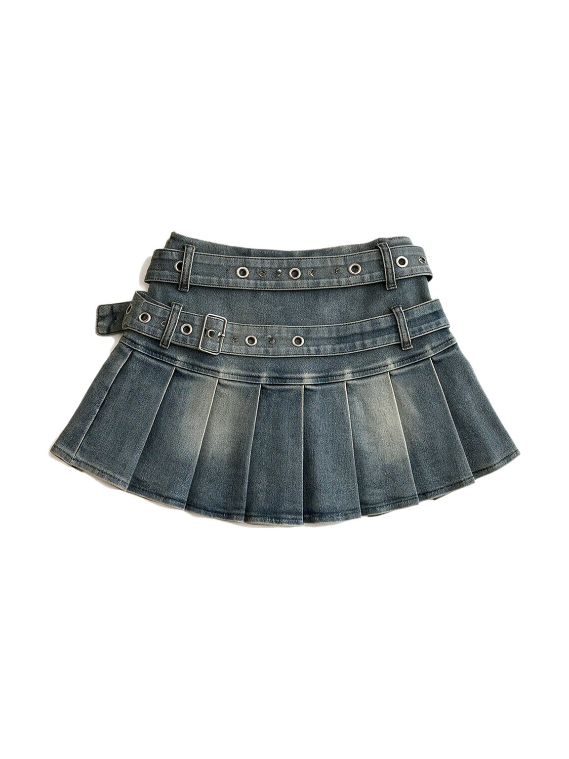 Washed denim pleated mini skirt with a riveted belt