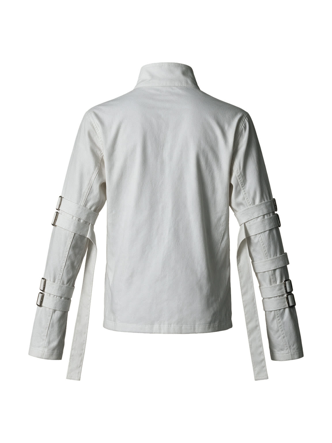 White stand collar jacket with buckle straps