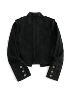 Cropped black military band jacket with braid and dome buttons