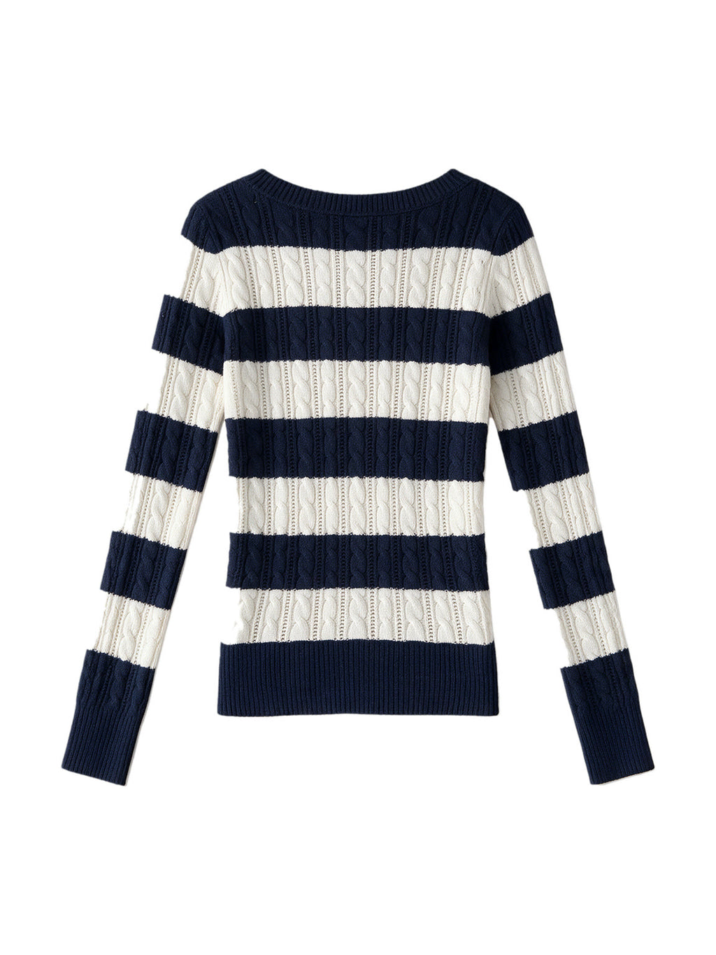 Navy and cream striped V neck knit top