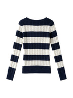 Navy and cream striped V neck knit top