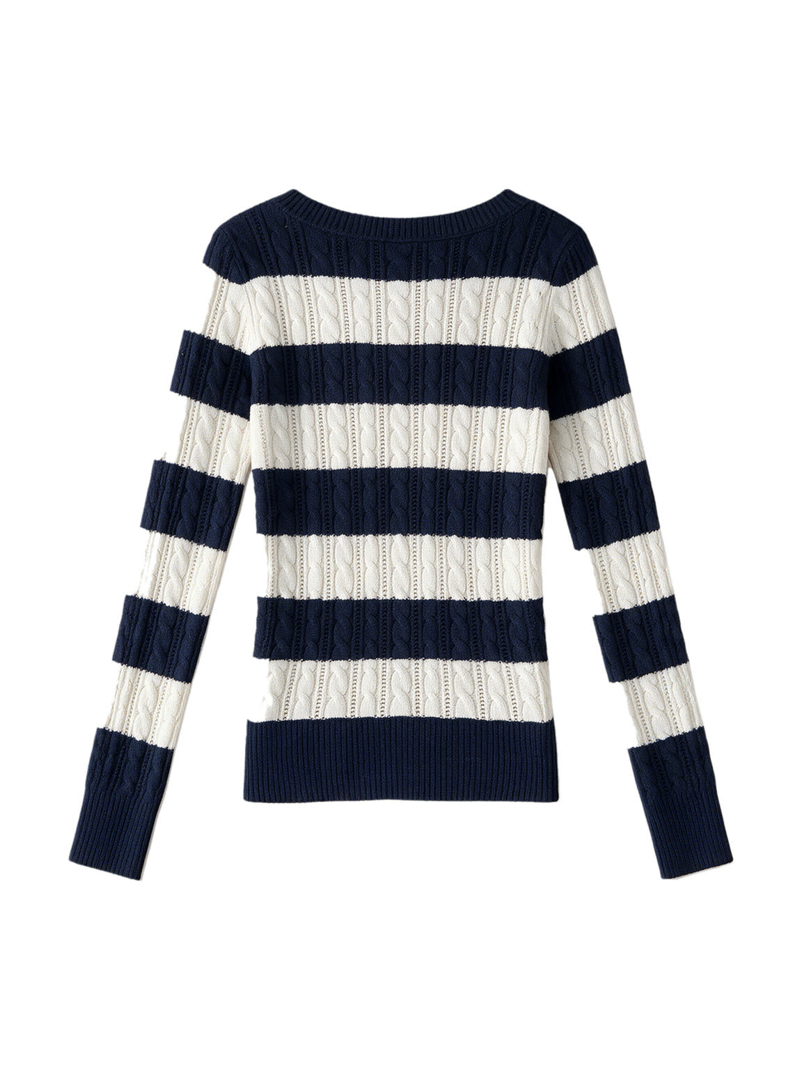 Navy and cream striped V neck knit top