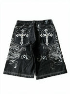 Washed black baggy denim shorts with white embroidery