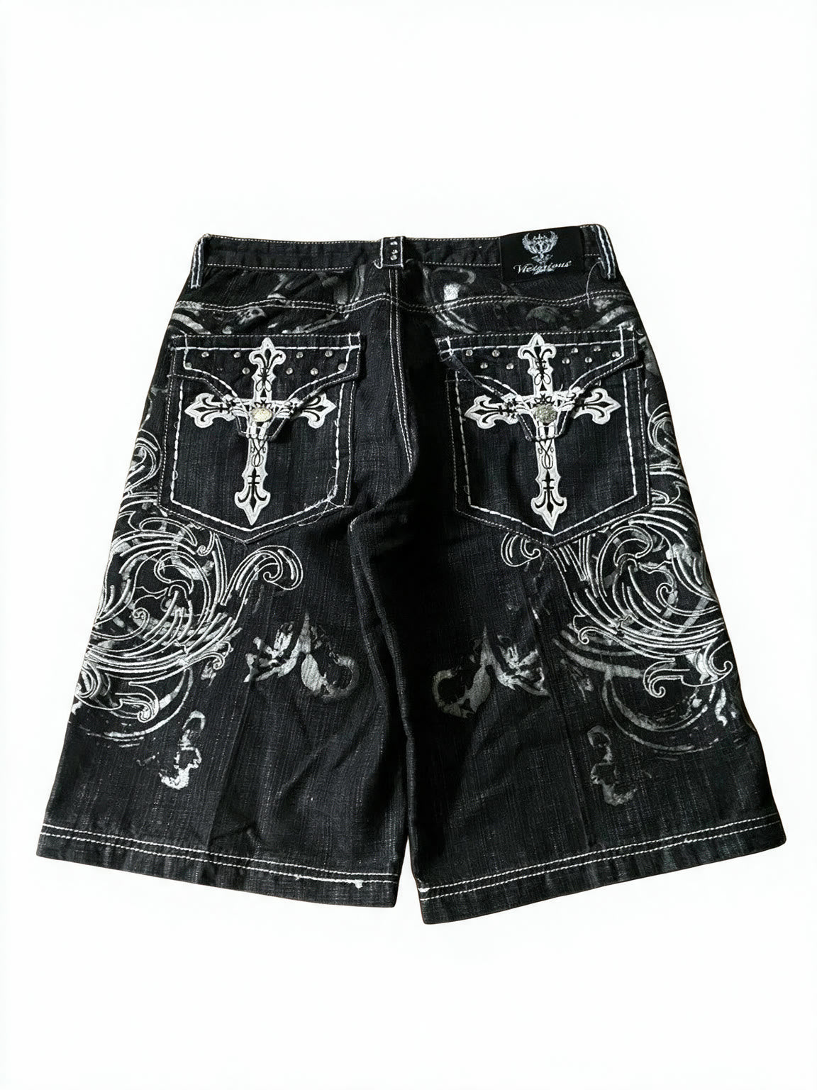 Washed black baggy denim shorts with white embroidery