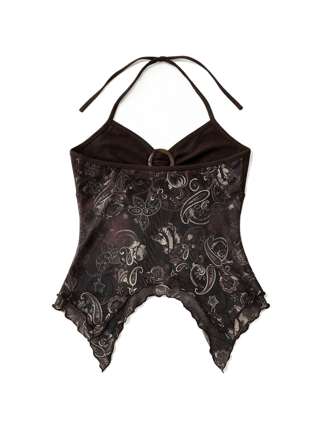 Brown paisley halter top with an O ring and handkerchief hem