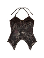 Brown paisley halter top with an O ring and handkerchief hem