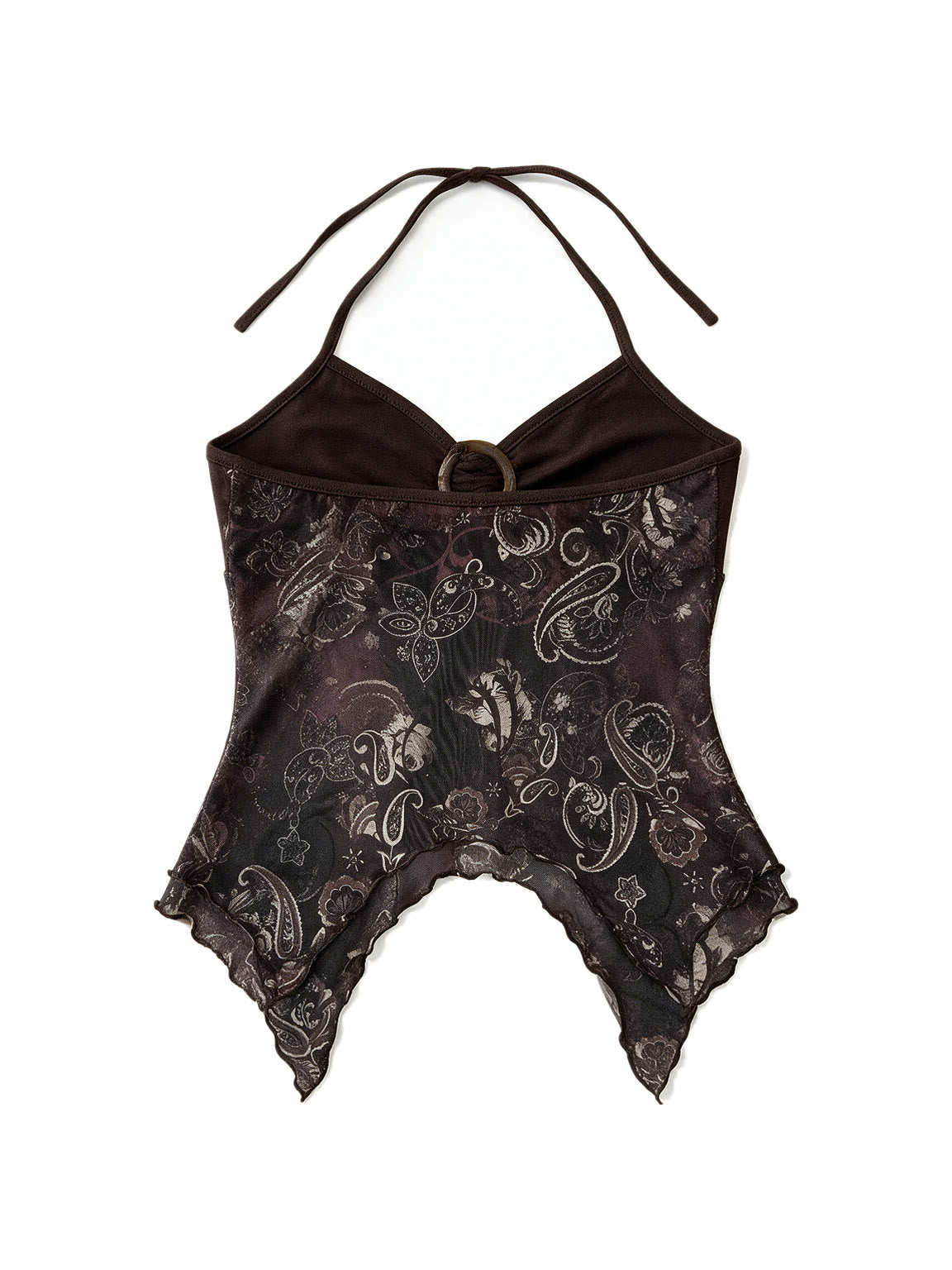 Brown paisley halter top with an O ring and handkerchief hem