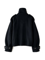 Cropped black wool jacket with buckled cuffs and a high collar
