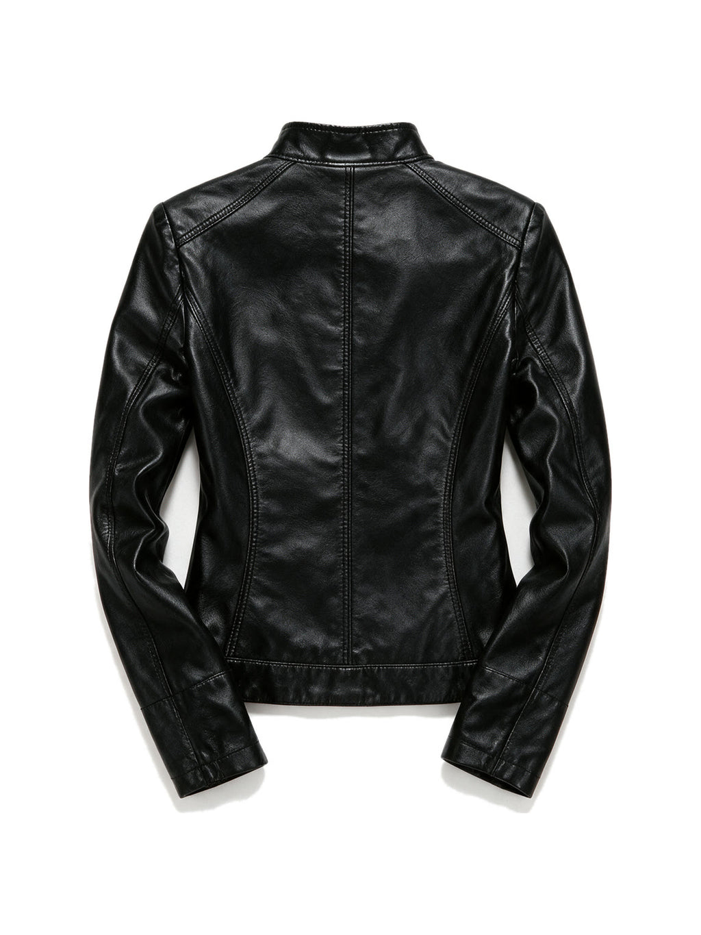 Black leather biker jacket with zip pockets and a belt