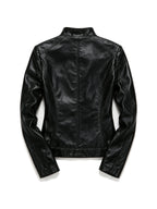 Black leather biker jacket with zip pockets and a belt