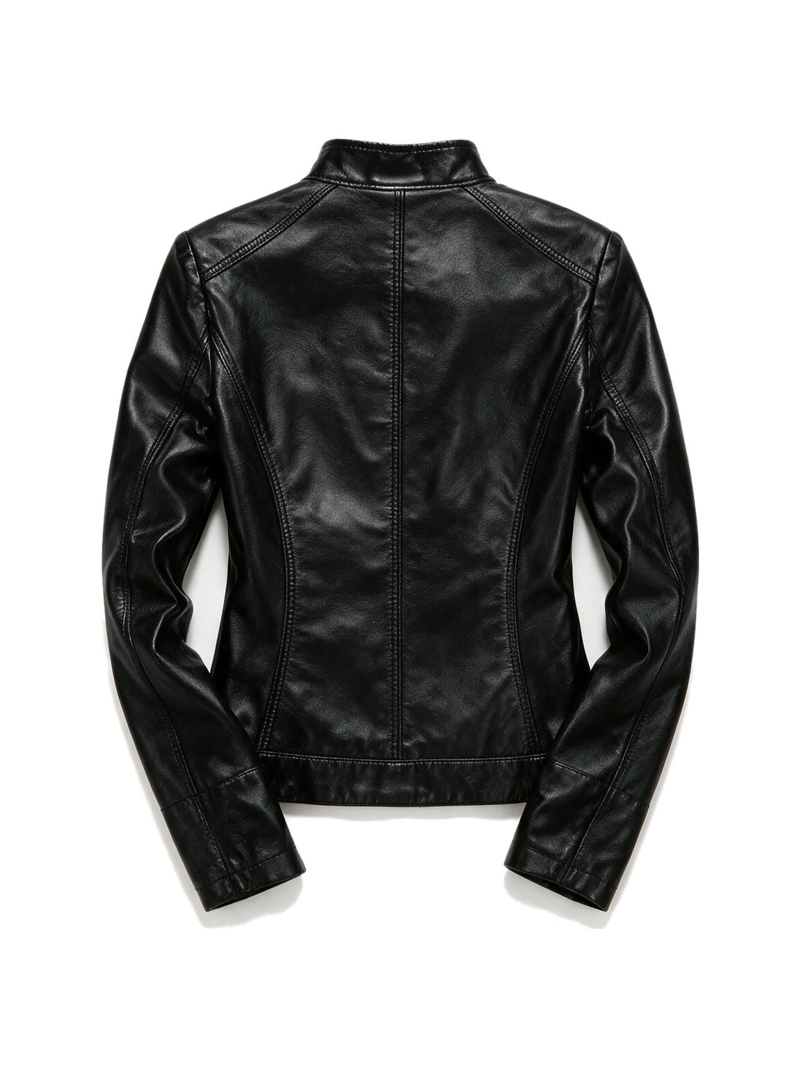 Black leather biker jacket with zip pockets and a belt