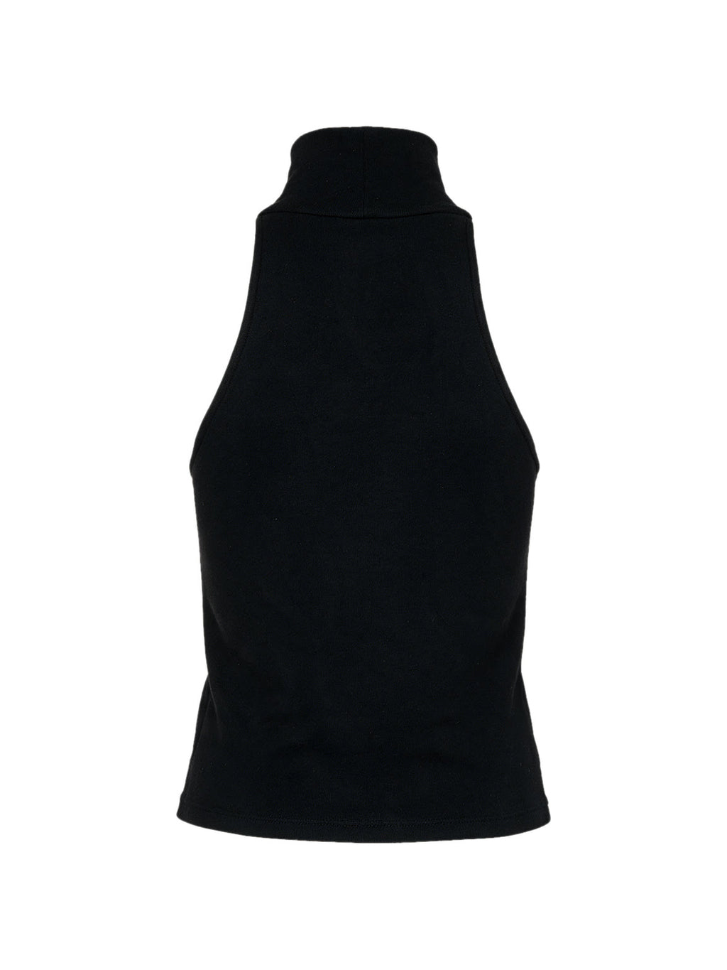 Black sleeveless high neck top with leather banding and studs