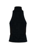 Black sleeveless high neck top with leather banding and studs